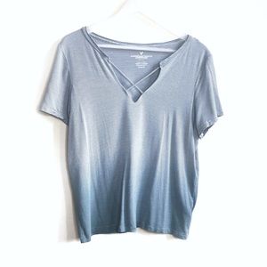 AEO Blue Striped Criss Cross V-Neck Ombré Shirt